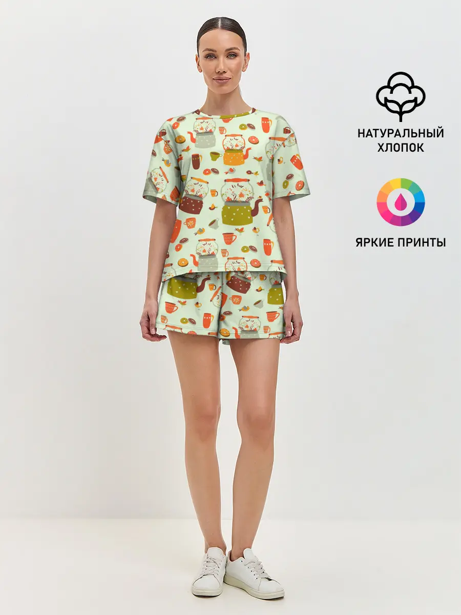 Женская пижама с шортами / осенние чаепитие