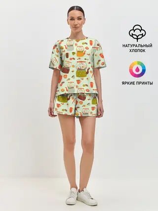 Женская пижама с шортами / осенние чаепитие