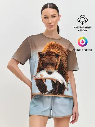 Женская пижама с шортами / Медведь с рыбой во рту