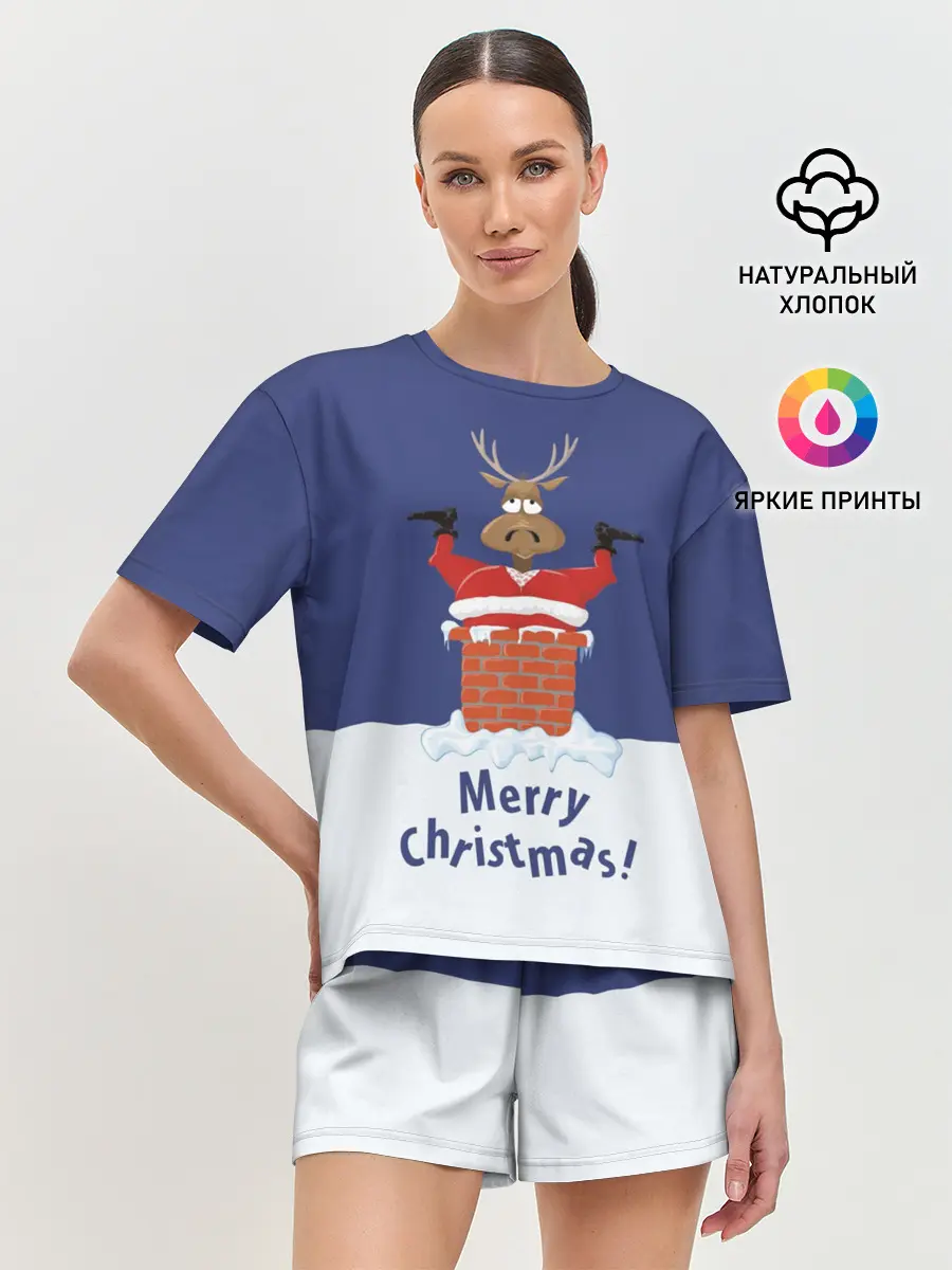 Женская пижама с шортами / Санта в трубе с Оленем