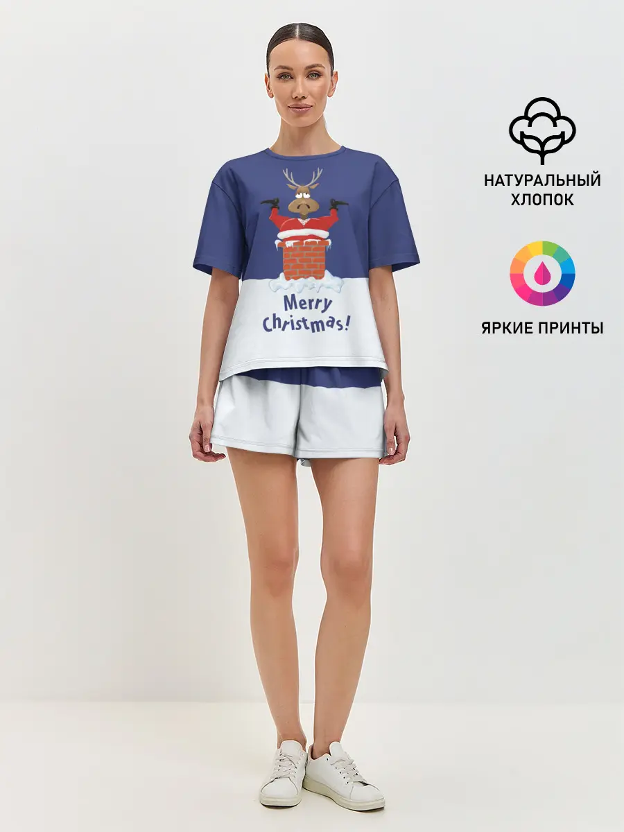 Женская пижама с шортами / Санта в трубе с Оленем