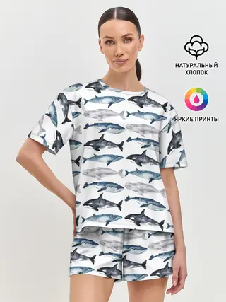 Женская пижама с шортами / принт с китами