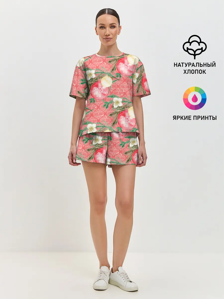 Женская пижама с шортами / Новогодние красные шары