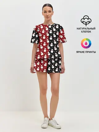 Женская пижама с шортами / Снеговики, снежинки и снег