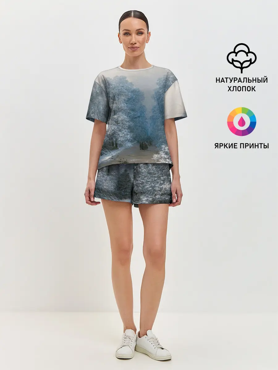 Женская пижама с шортами / Зимний пейзаж картина маслом