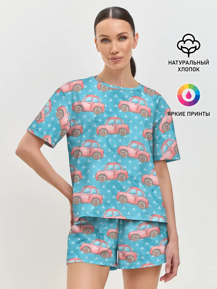 Женская пижама с шортами / Машинки детский рисунок