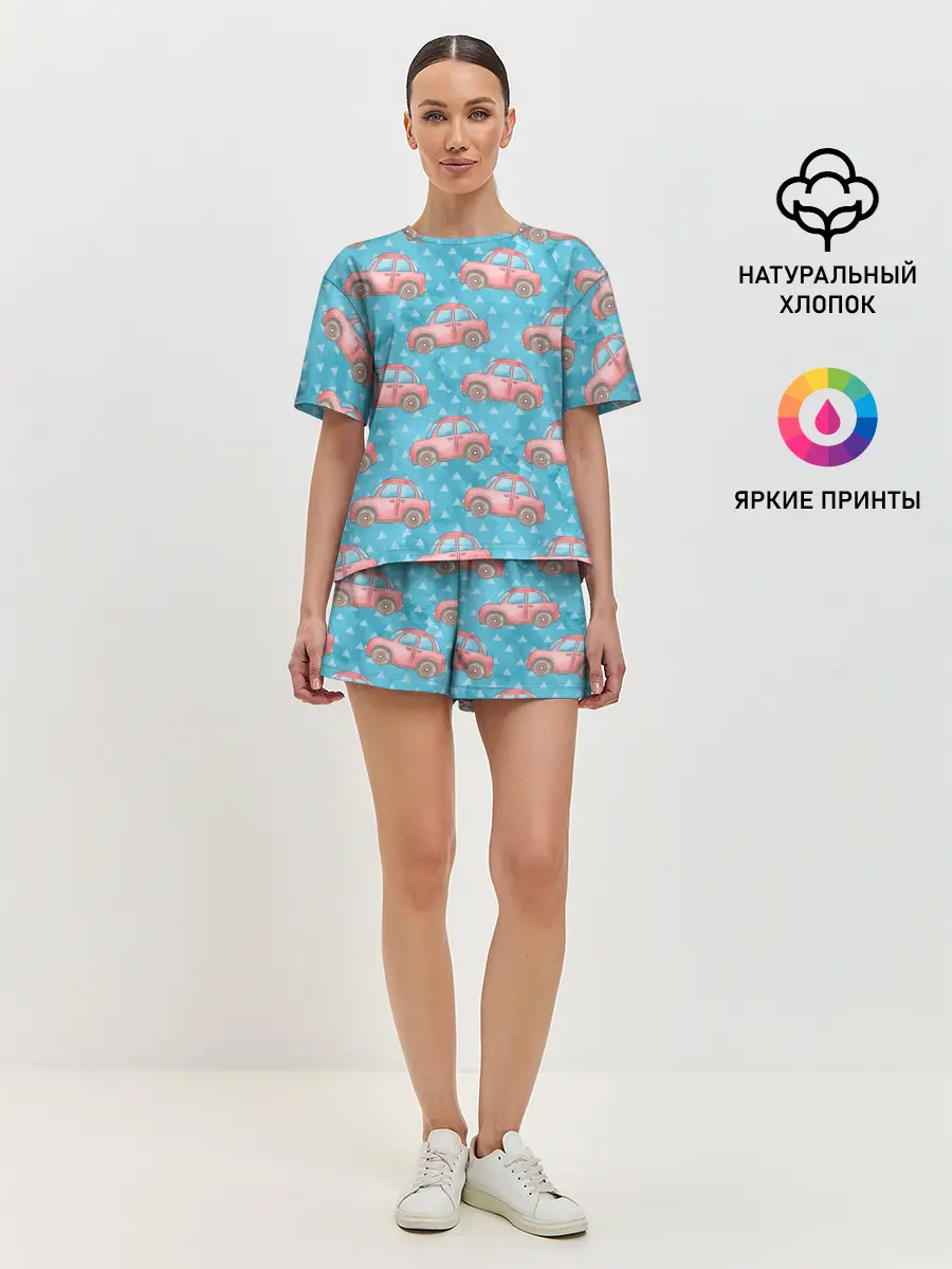 Женская пижама с шортами / Машинки детский рисунок