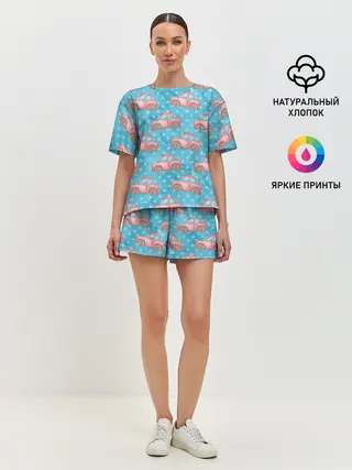 Женская пижама с шортами / Машинки детский рисунок