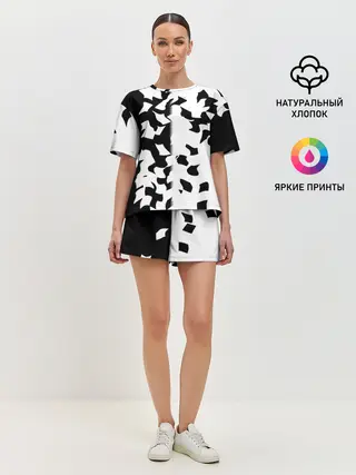 Женская пижама с шортами / черно-белый камуфляж