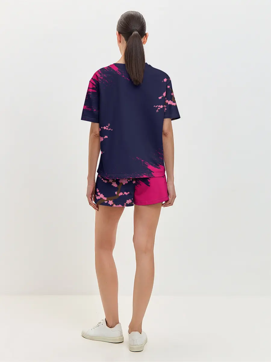 Женская пижама с шортами / ДЕВУШКА В КИМОНО И ПТИЦАМИ