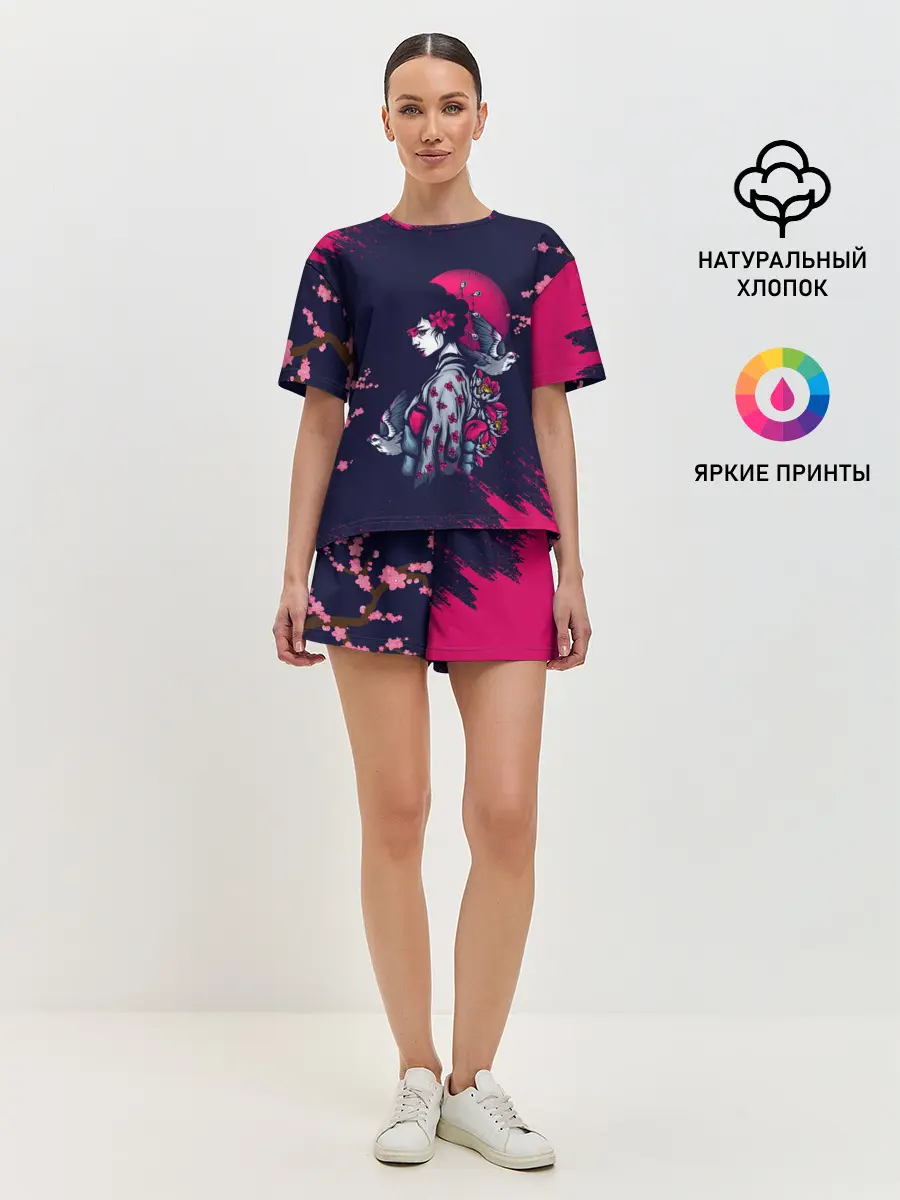 Женская пижама с шортами / ДЕВУШКА В КИМОНО И ПТИЦАМИ