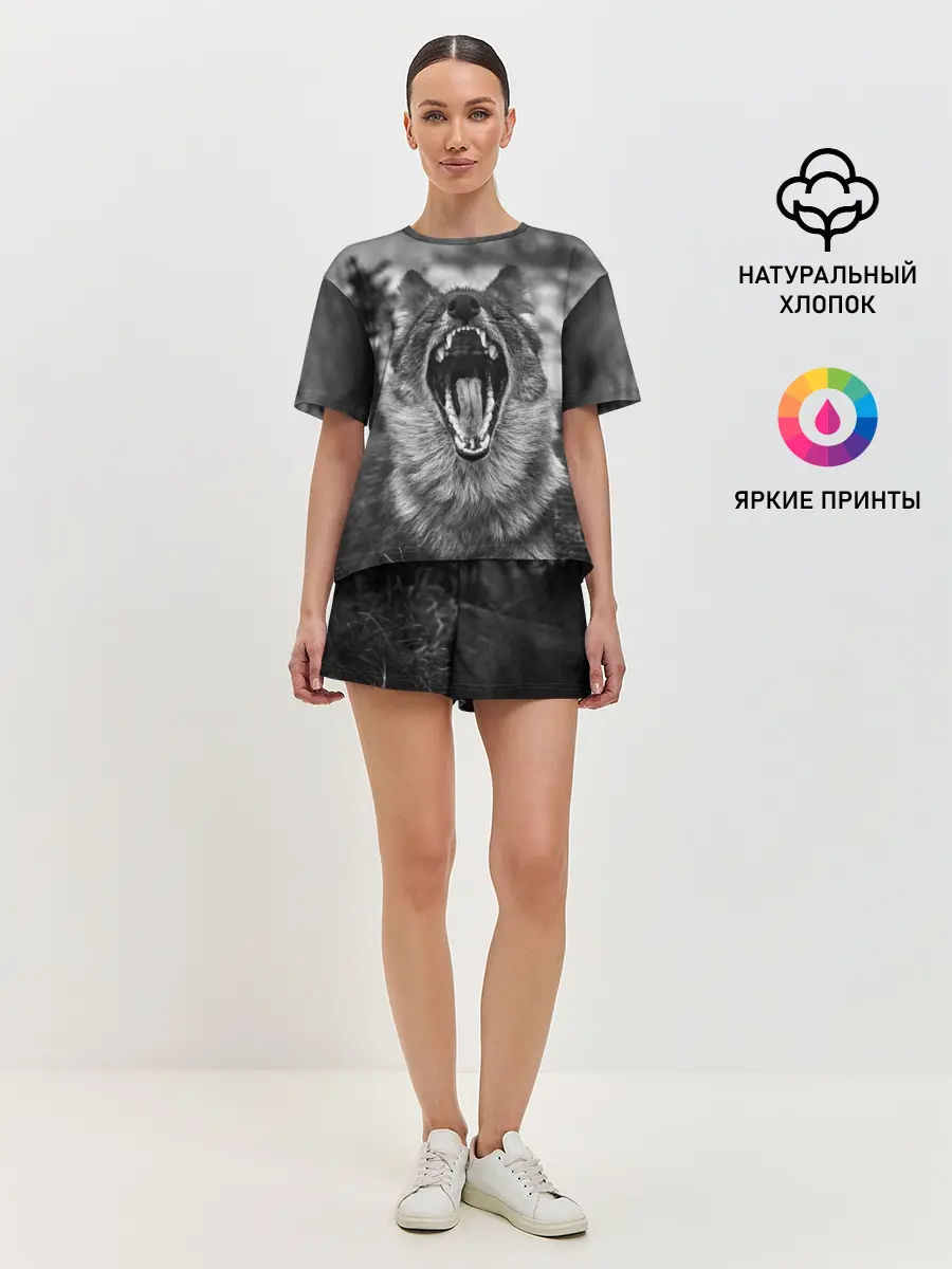 Женская пижама с шортами / Волчья пасть, зевает