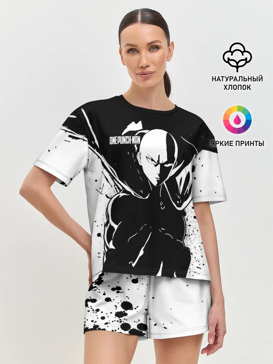 Женская пижама с шортами / Черно-белый Сайтама One Punch-Man