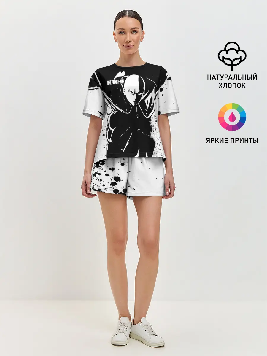 Женская пижама с шортами / Черно-белый Сайтама One Punch-Man