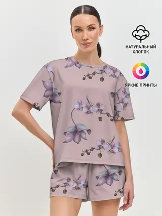 Женская пижама с шортами / Розовые орхидеи на розовом фоне