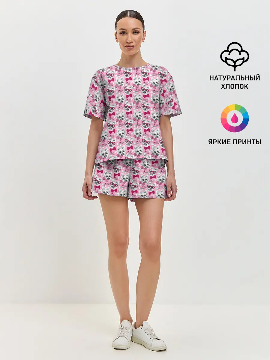 Женская пижама с шортами / Йоркширский Терьер на Розовом Фоне