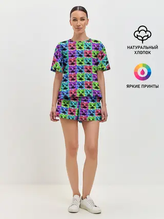 Женская пижама с шортами / МАЙНКРАФТ / MINECRAFT ЦВЕТНЫЕ КРИПЕРЫ