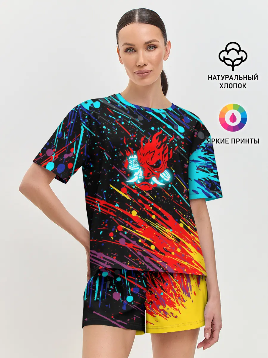Женская пижама с шортами / Cyberpunk 2077 Цветные брызги.
