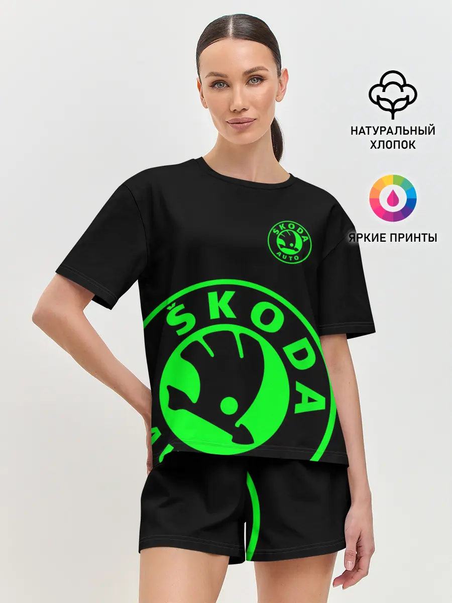 Женская пижама с шортами / SKODA GREEN LOGO BLACK STYLE
