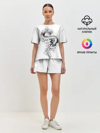 Женская пижама с шортами / Китайский дракон на белом фоне