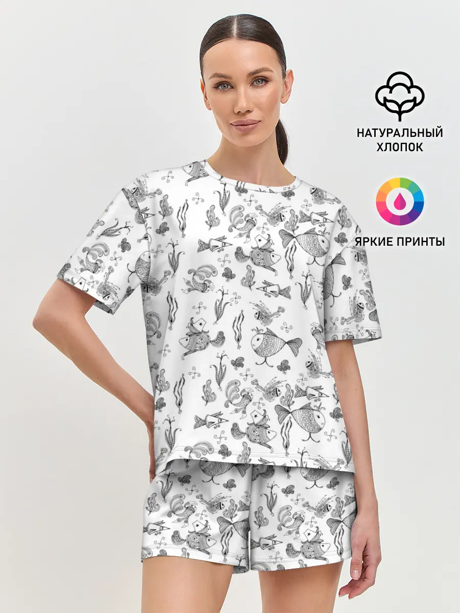 Женская пижама с шортами / Рисованные сказочные рыбки