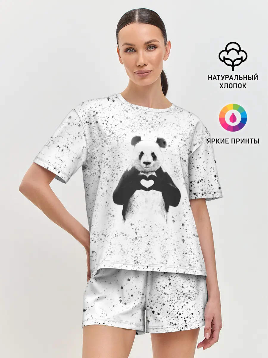 Женская пижама с шортами / Панда Любовь Сердце Брызги