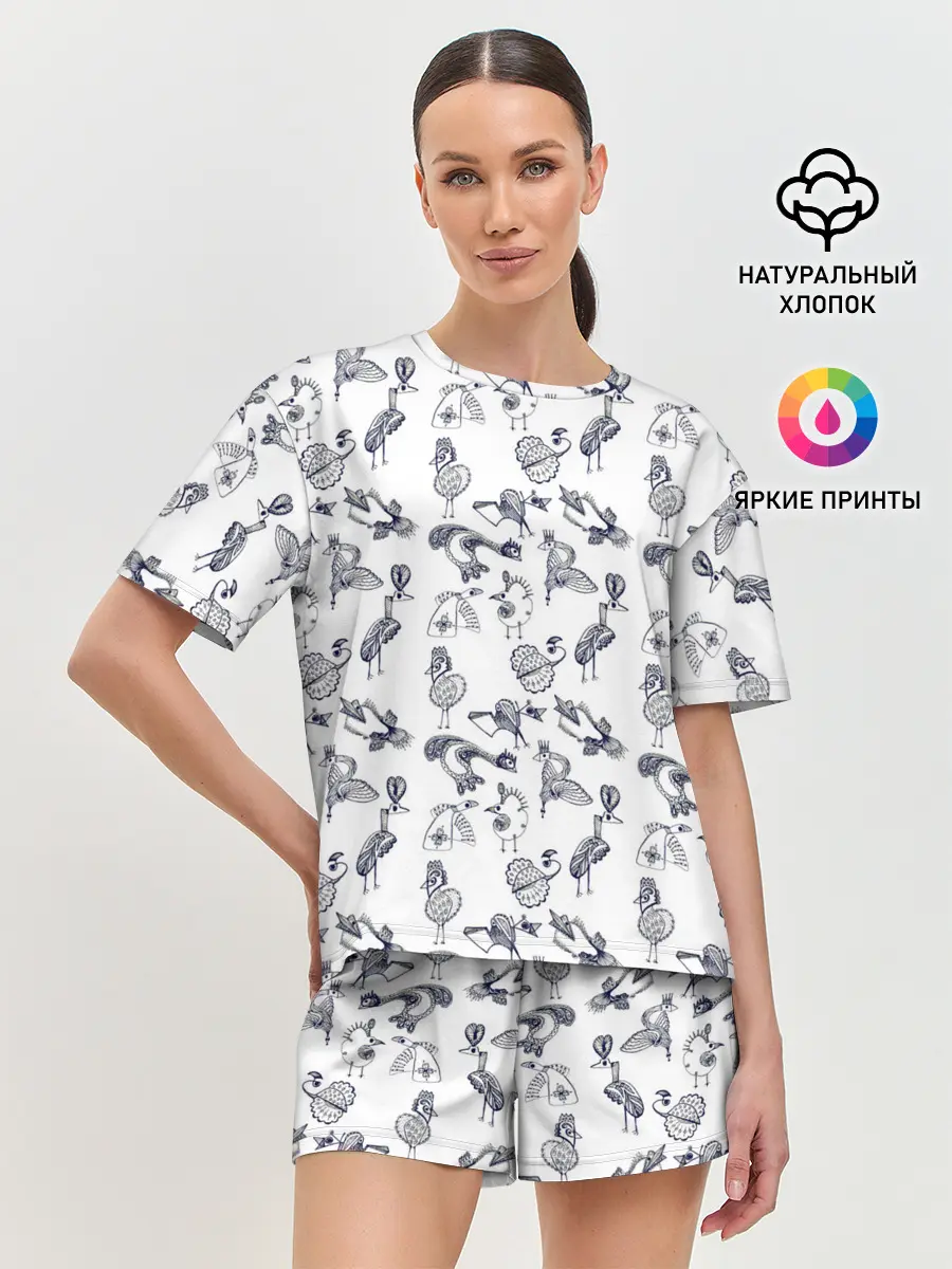 Женская пижама с шортами / Скетч сказочные птицы