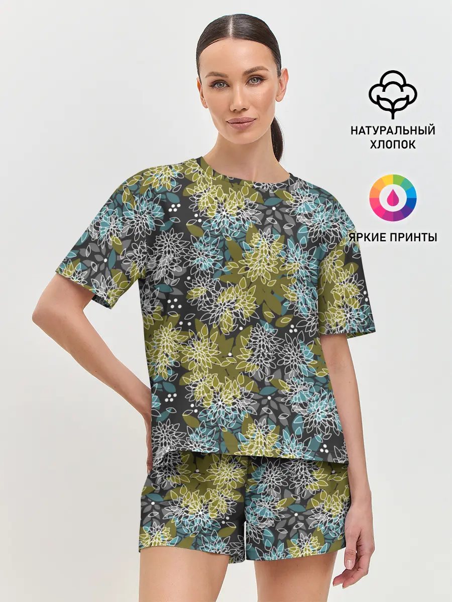 Женская пижама с шортами / Черно оливковый цветочный