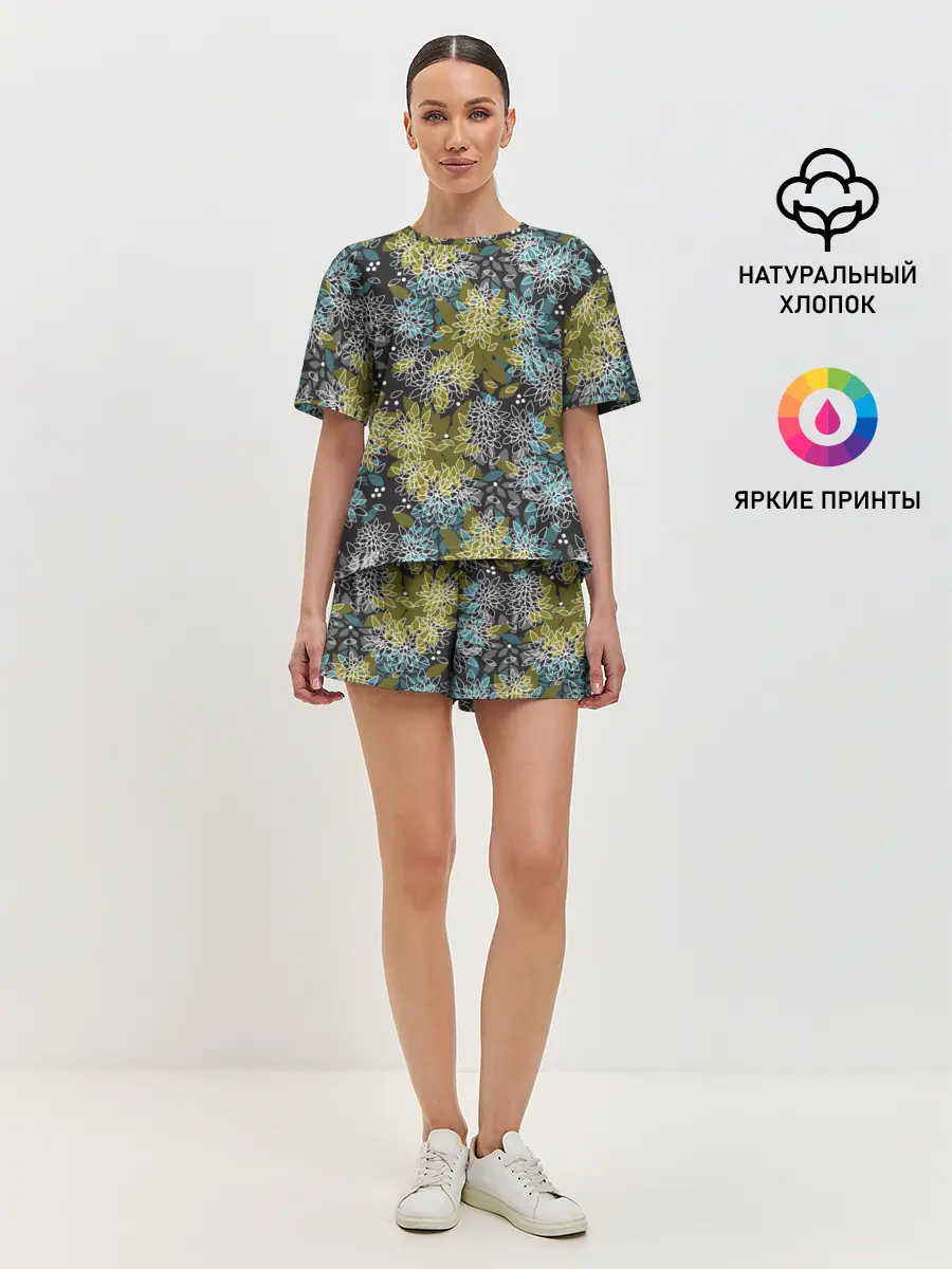 Женская пижама с шортами / Черно оливковый цветочный