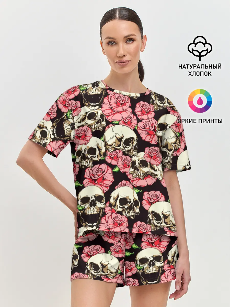 Женская пижама с шортами / Черепа и цветы