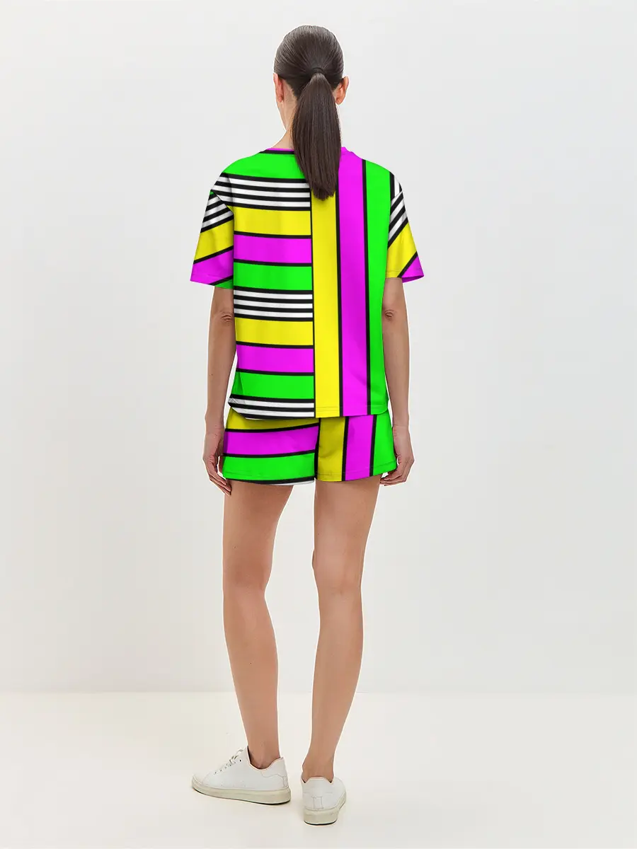 Женская пижама с шортами / полосатый неоновый модный узор