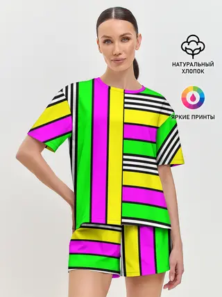 Женская пижама с шортами / полосатый неоновый модный узор