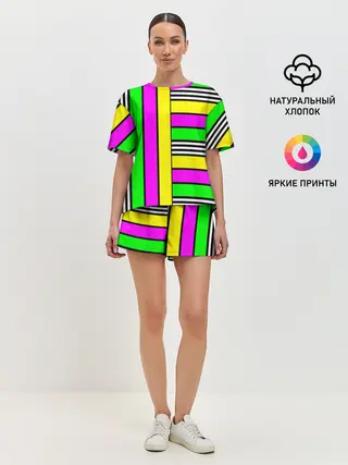 Женская пижама с шортами / полосатый неоновый модный узор