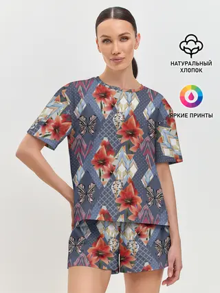 Женская пижама с шортами / Оранжево-серый пэчворк