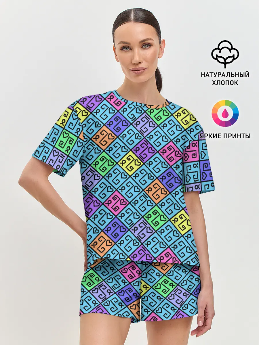 Женская пижама с шортами / Неоновый яркий абстрактный узо