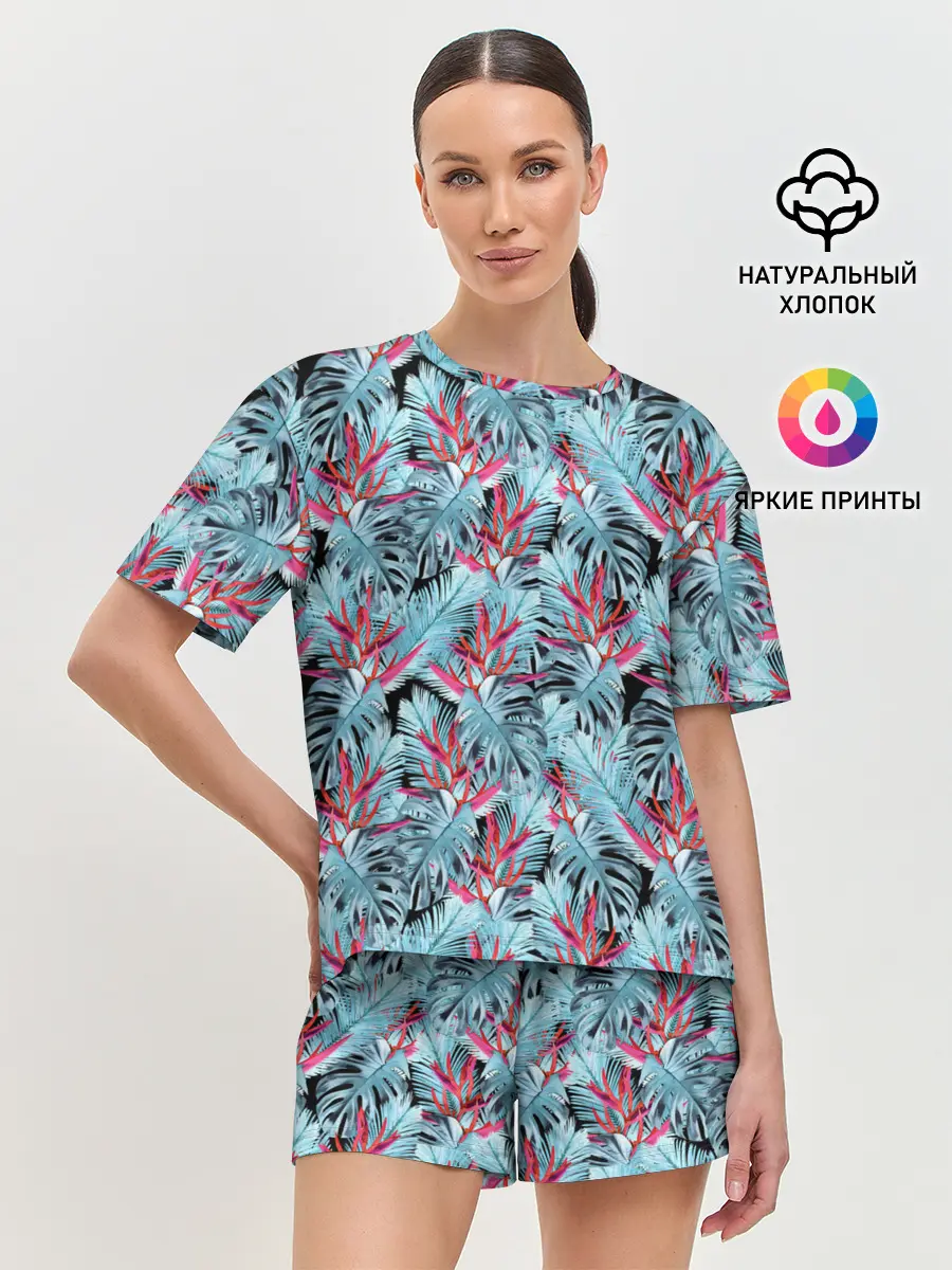 Женская пижама с шортами / Розово-голубой тропический