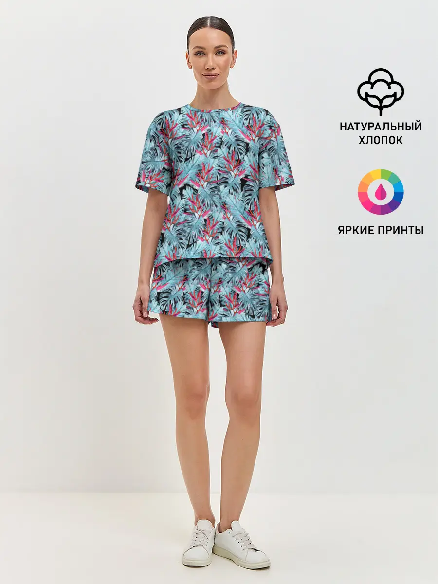 Женская пижама с шортами / Розово-голубой тропический