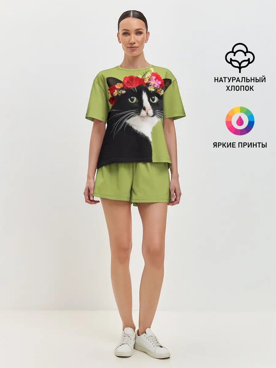 Женская пижама с шортами / Кот и цветы