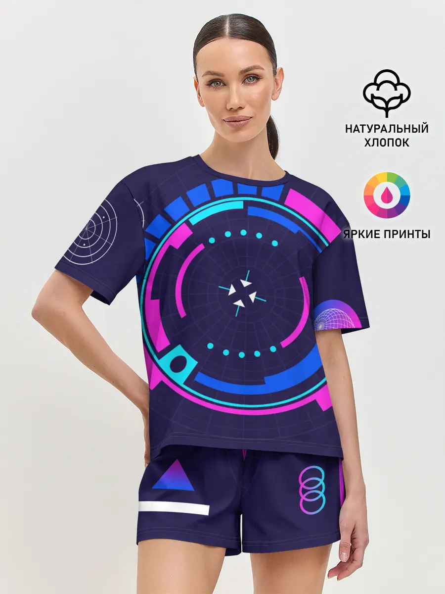 Женская пижама с шортами / Розовый Синий Киберпанк