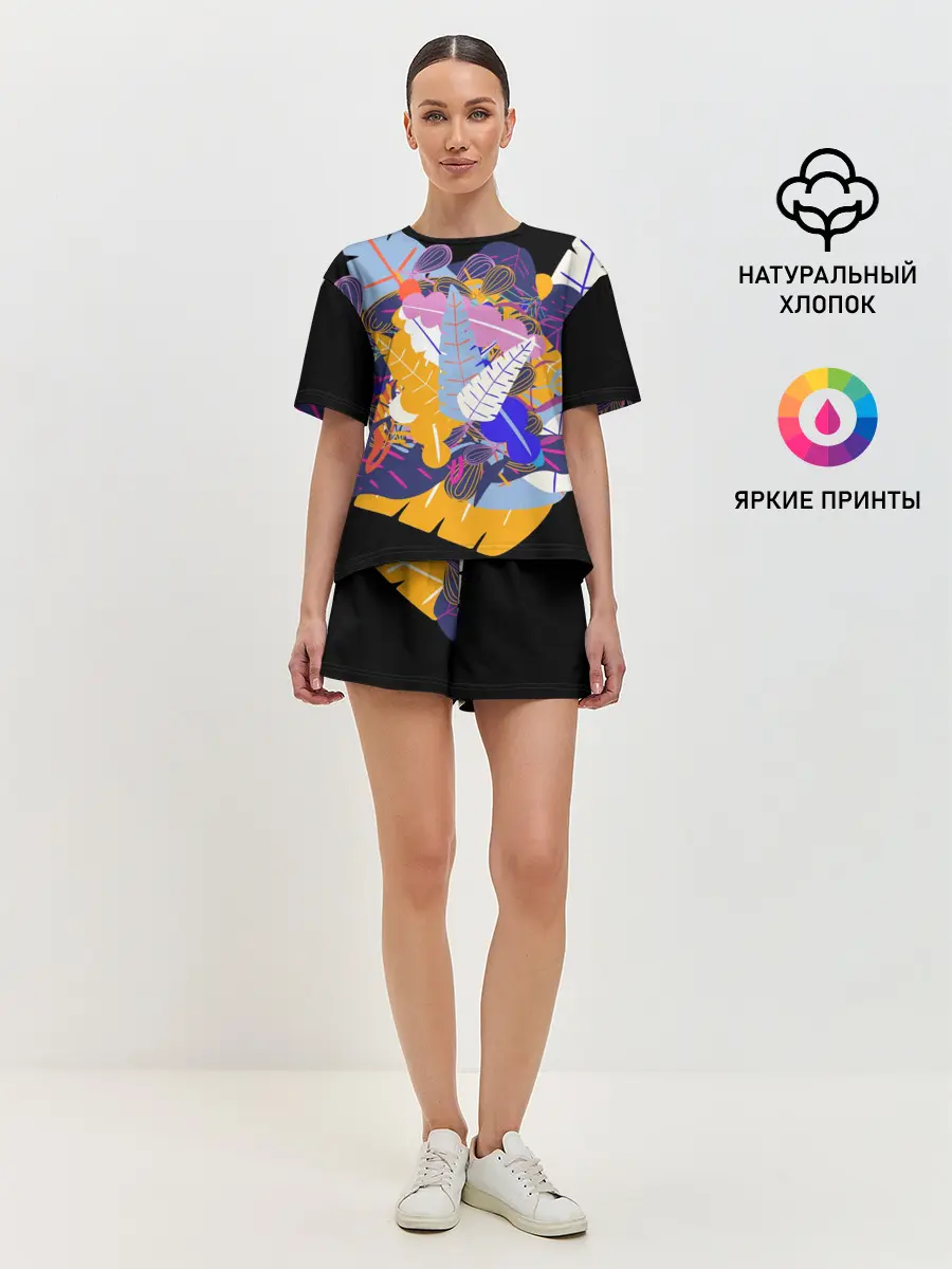 Женская пижама с шортами / узор из листьев и цветов