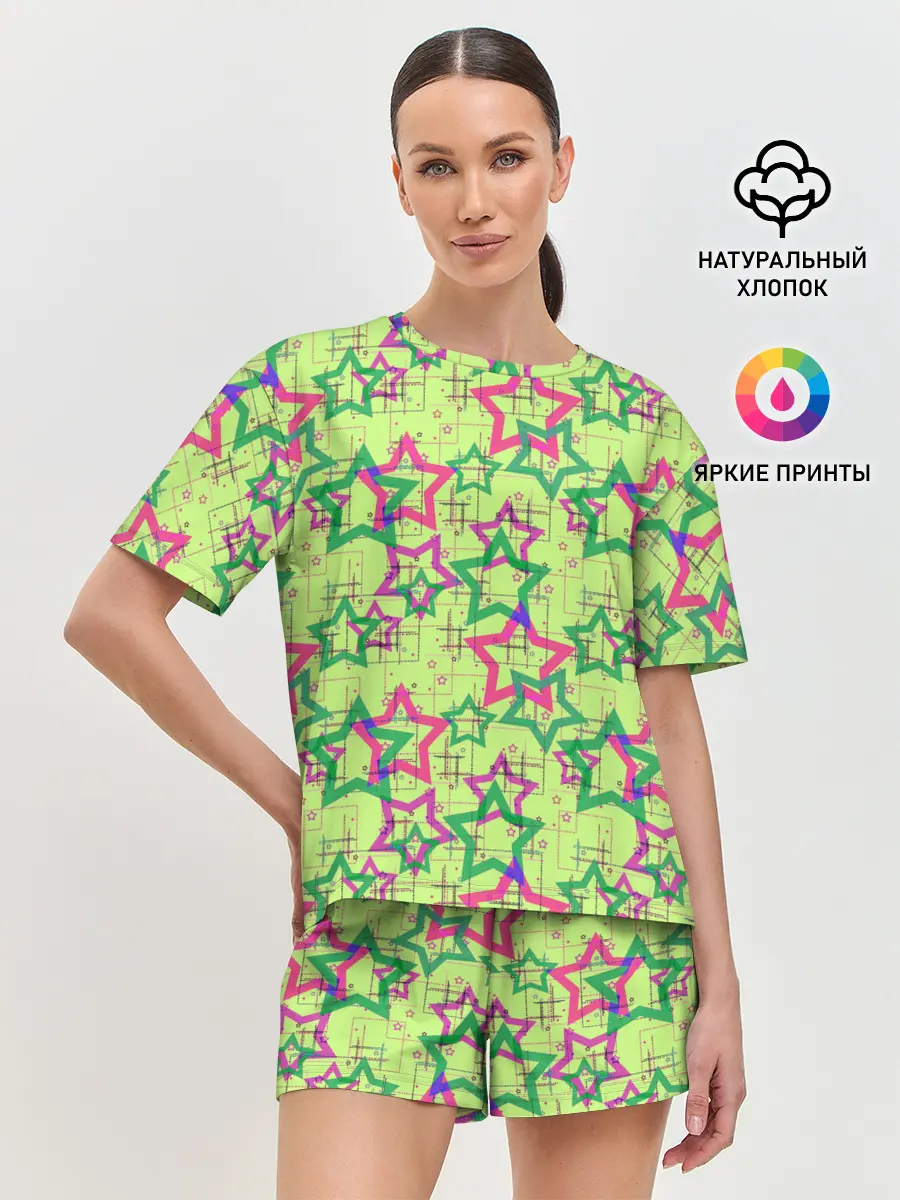 Женская пижама с шортами / Зеленый узор Звезды