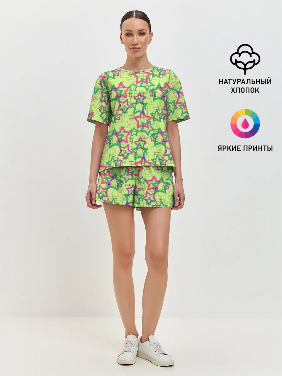 Женская пижама с шортами / Зеленый узор Звезды