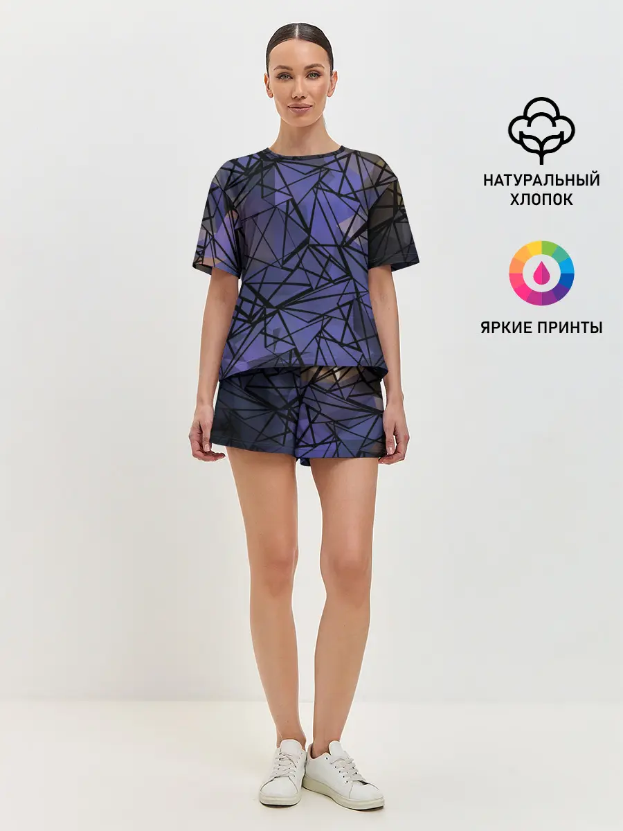 Женская пижама с шортами / Синий-бежевый абстрактный узор