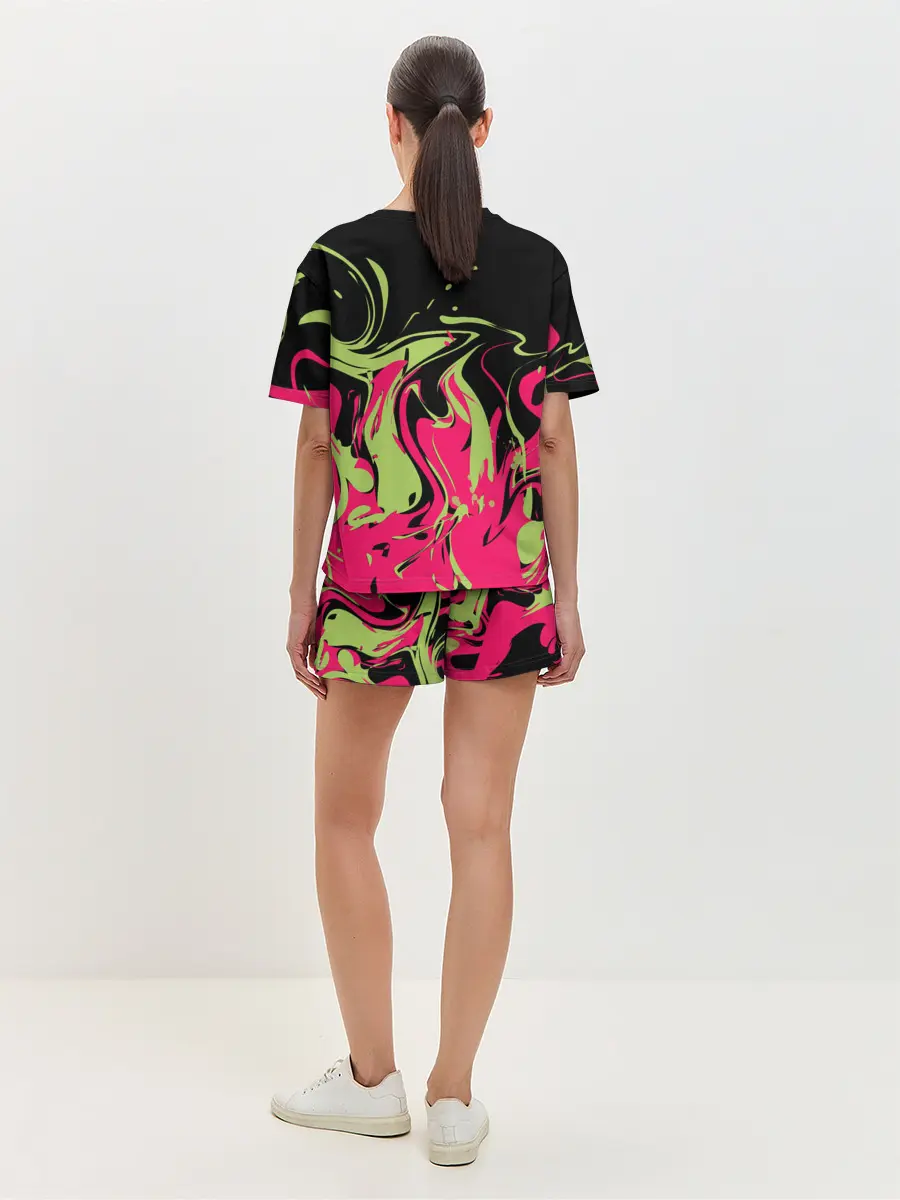 Женская пижама с шортами / Черно малиновый абстрактный