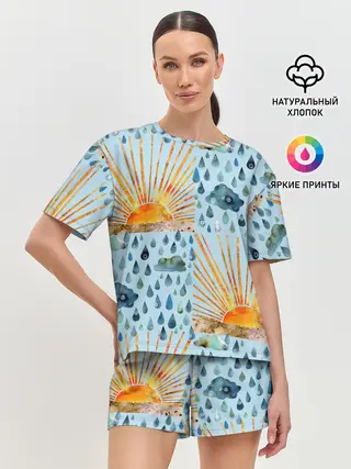 Женская пижама с шортами / Осенний паттерн: Дождь и солнце