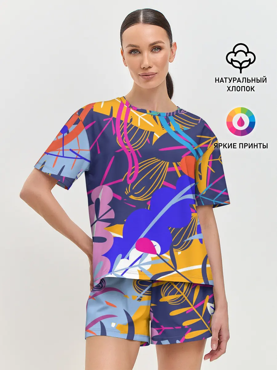 Женская пижама с шортами / листья цветы текстура паттэрн