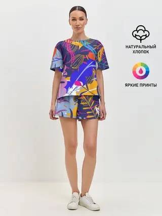 Женская пижама с шортами / листья цветы текстура паттэрн
