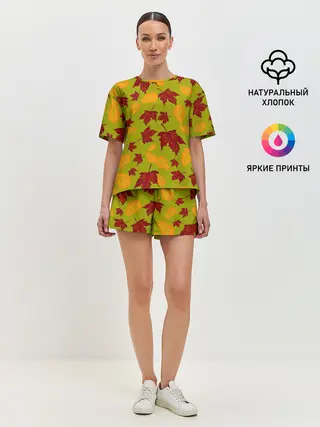 Женская пижама с шортами / осенние листья клён и дуб