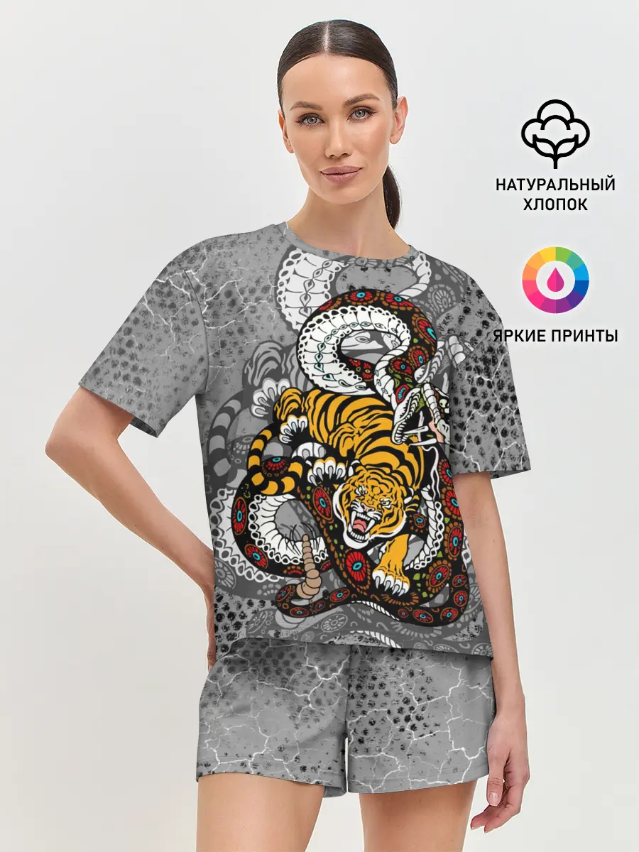 Женская пижама с шортами / Змея и Тигр|Tiger Snake Fight
