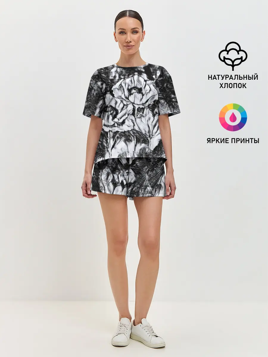 Женская пижама с шортами / Черно-белый узор. Маки.